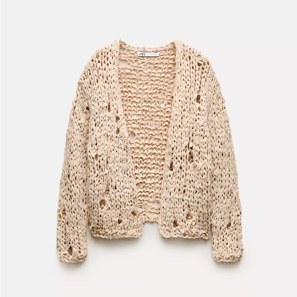 Zara linen blend ribbon knit open cardigan in ecru size XS/S